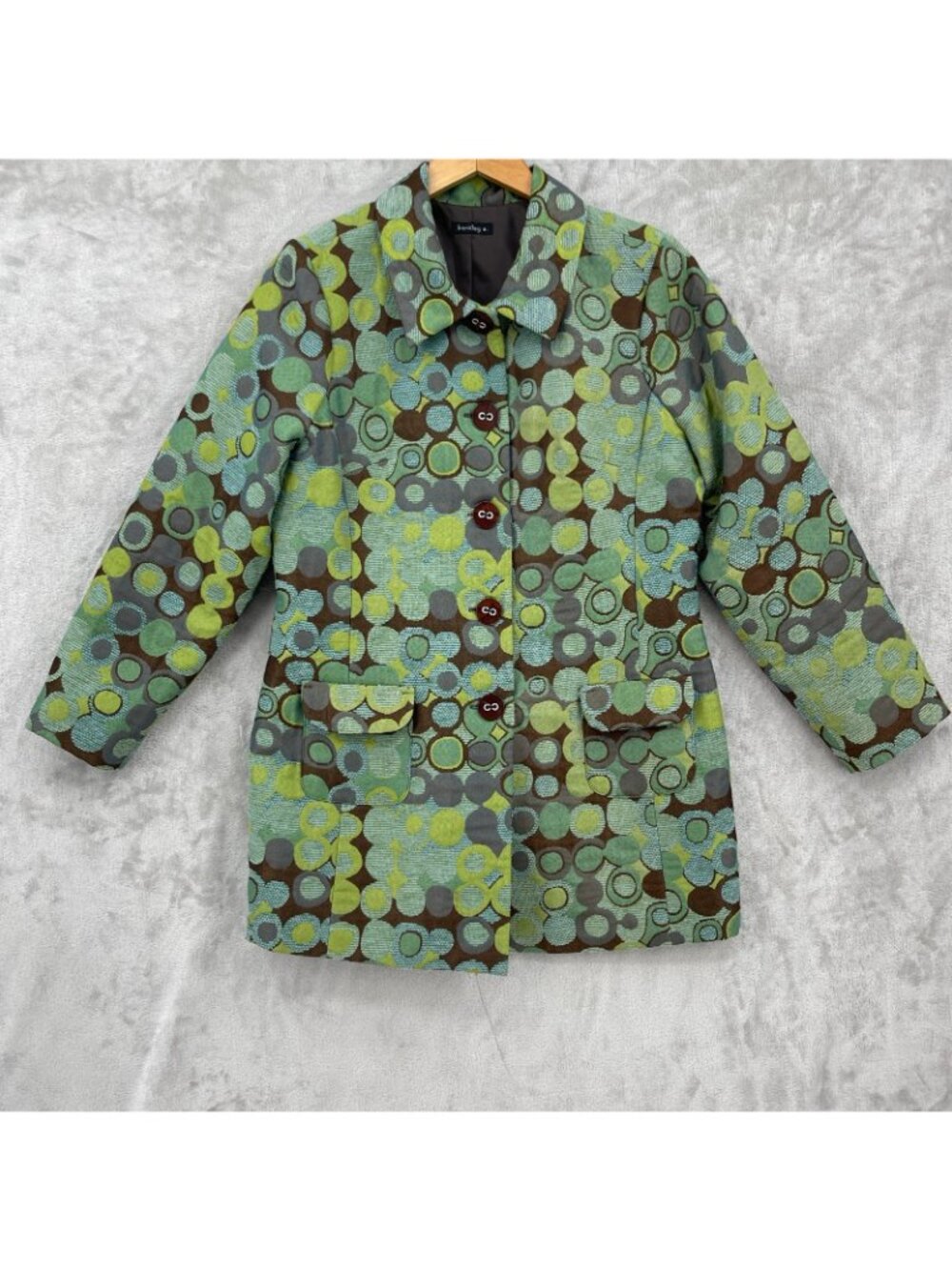 bentley a. Vintage Y2K Green Brown Geometric Brocade Coat USA Made - Picture 7 of 16